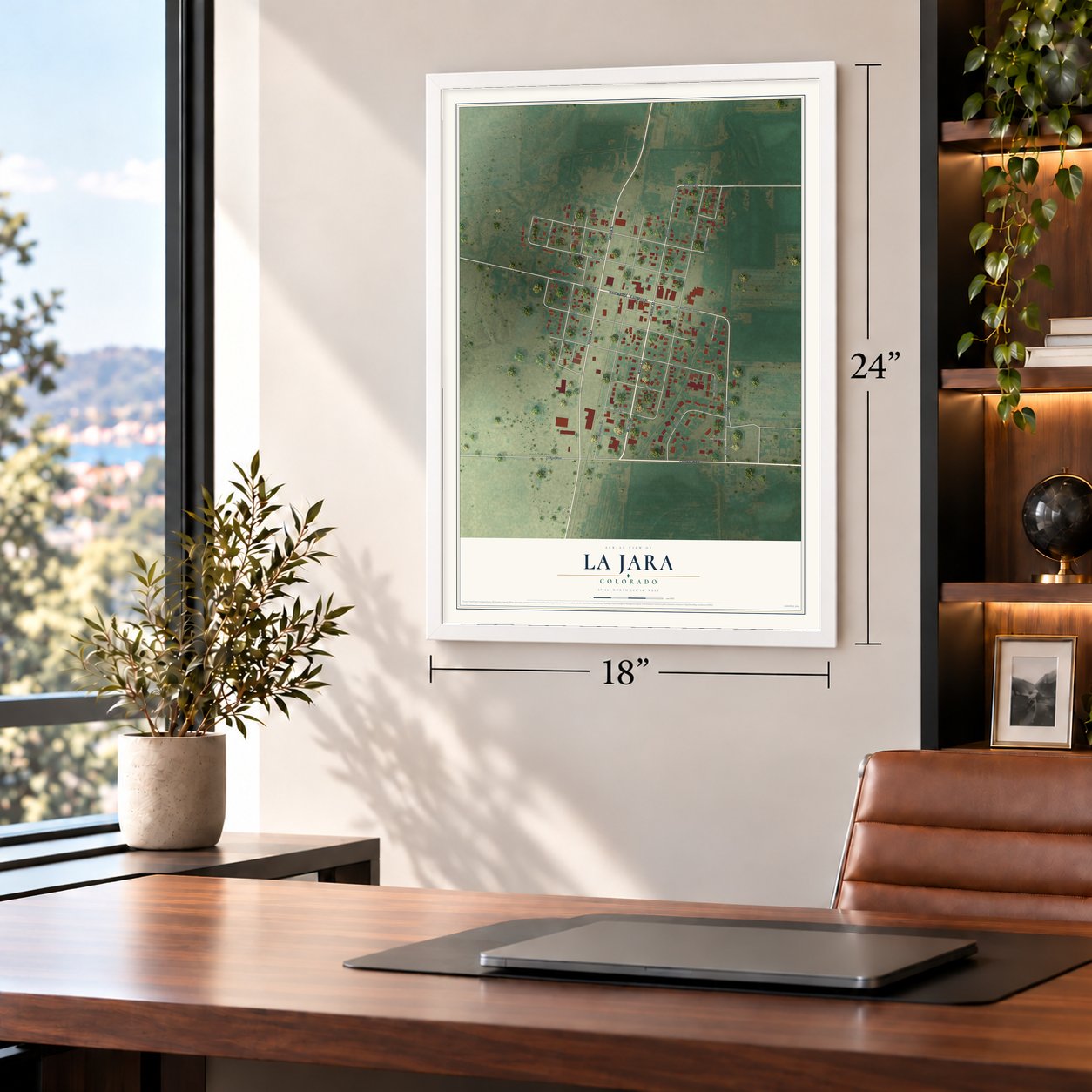 La Jara, Colorado map, 18 x 24 inch print in a white frame in a home office