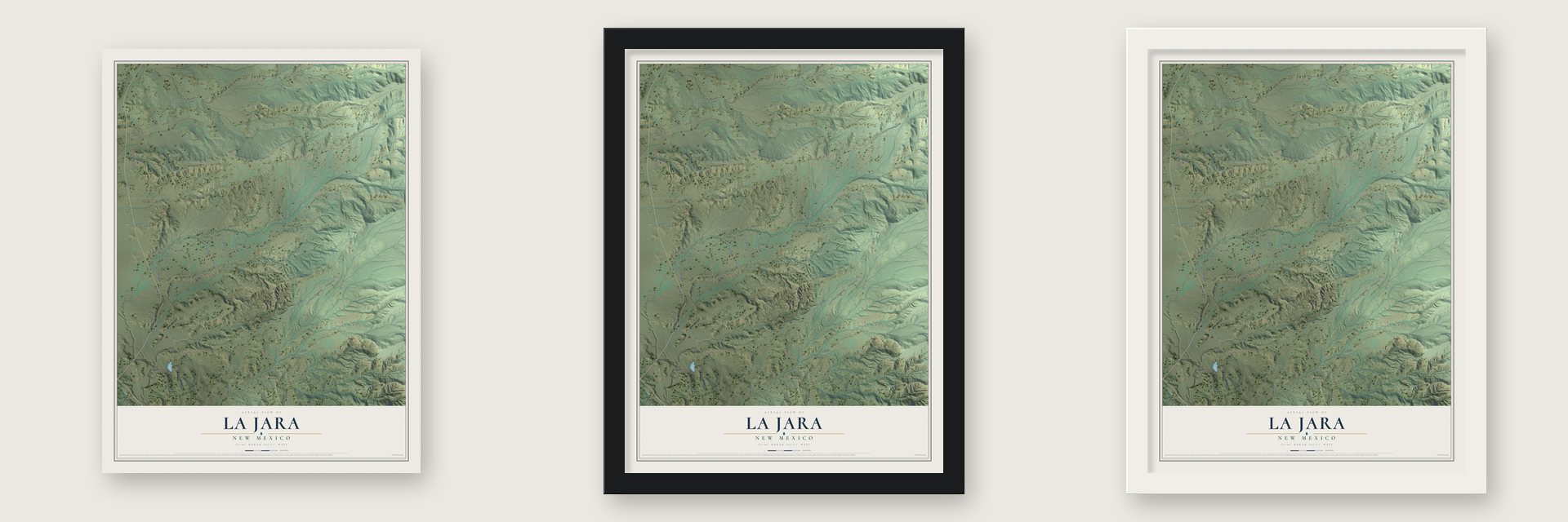 La Jara, New Mexico map unframed, in a black wood frame and in a white wood frame
