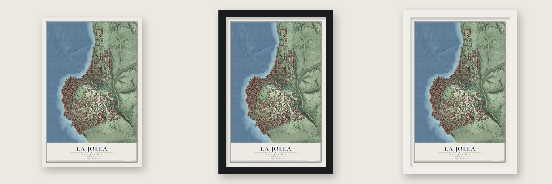 La Jolla, California map unframed, in a black wood frame and in a white wood frame