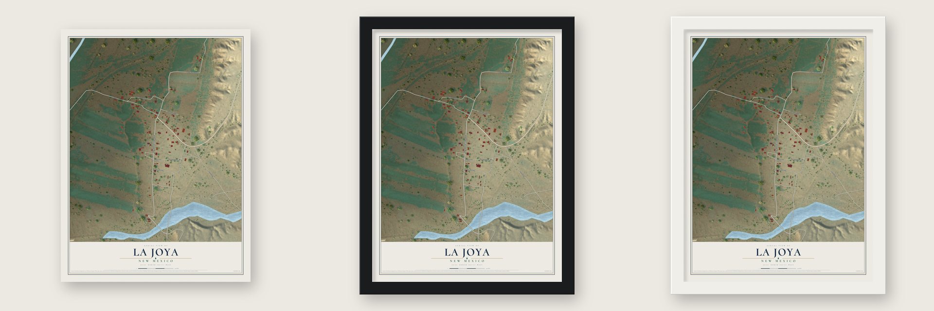 La Joya, New Mexico map unframed, in a black wood frame and in a white wood frame