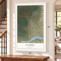 La Joya, New Mexico map, 24 x 36 inch print in a white frame by a staircase