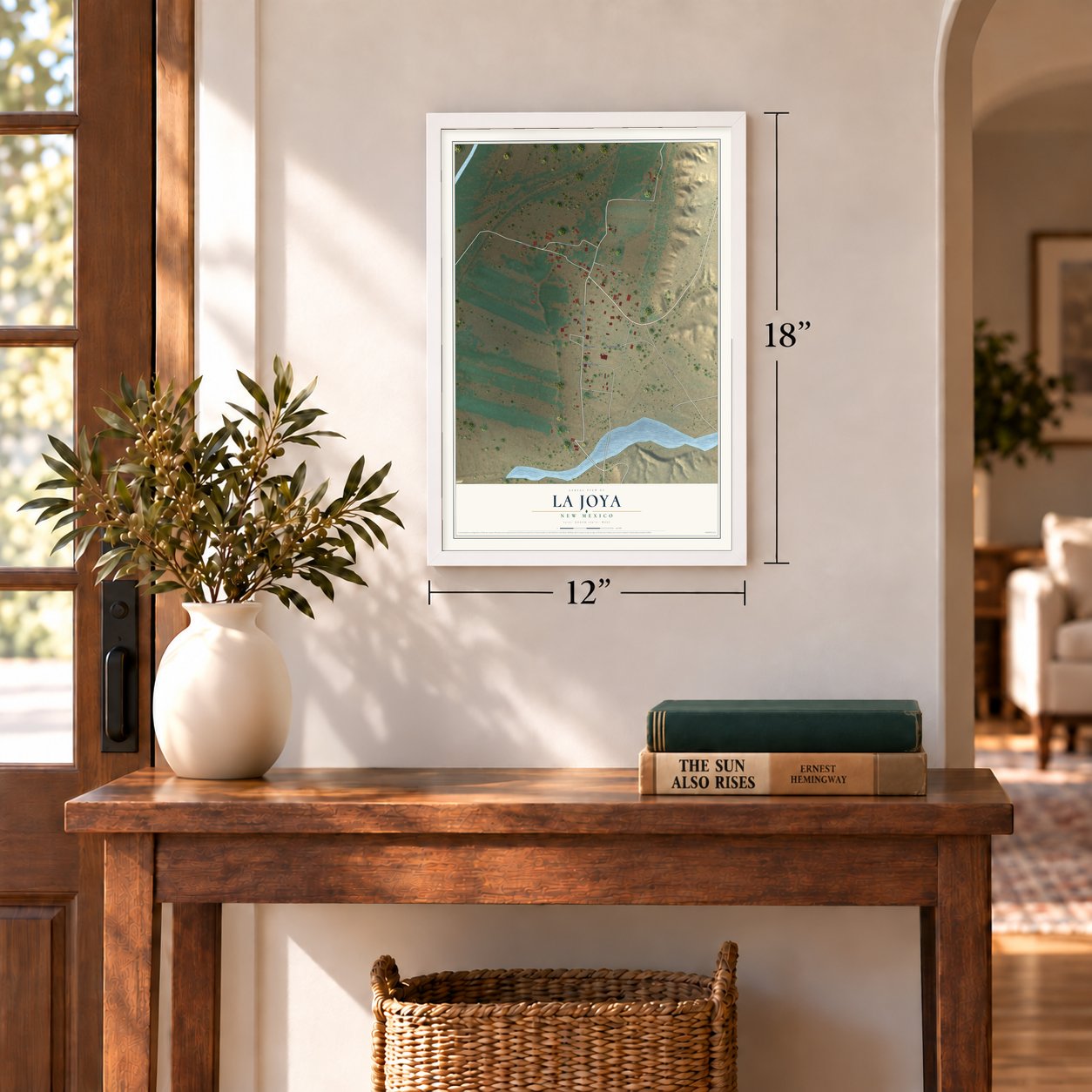 La Joya, New Mexico map, 12 x 18 inch print in a white frame in an entryway