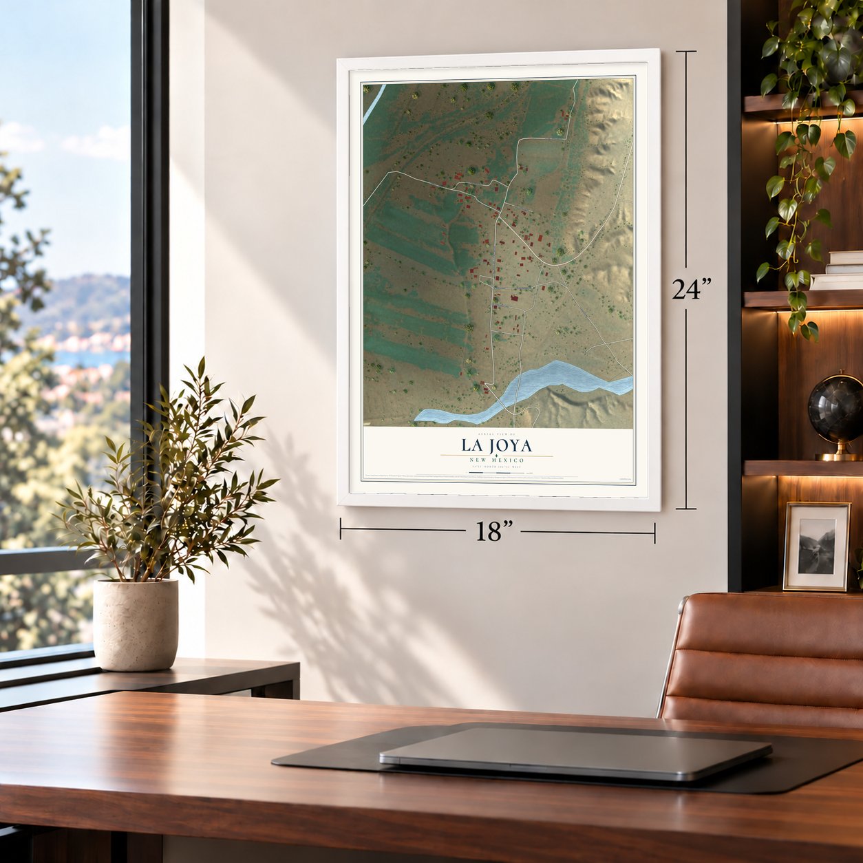 La Joya, New Mexico map, 18 x 24 inch print in a white frame in a home office