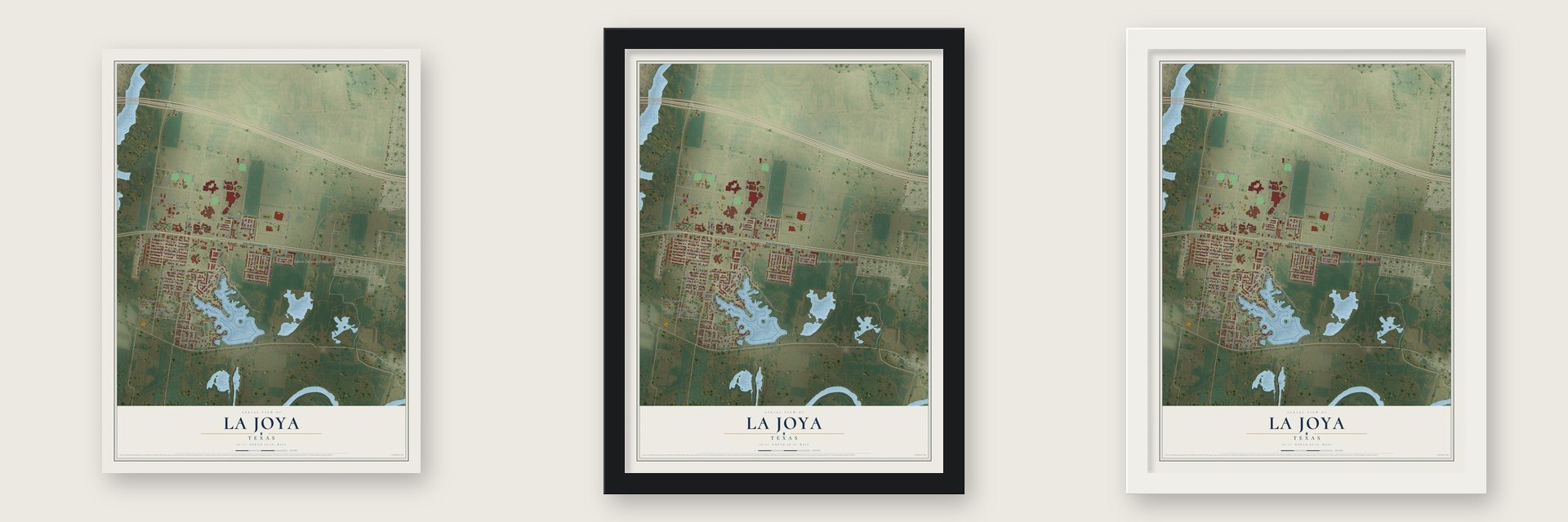 La Joya, Texas map unframed, in a black wood frame and in a white wood frame