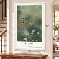 La Joya, Texas map, 24 x 36 inch print in a white frame by a staircase