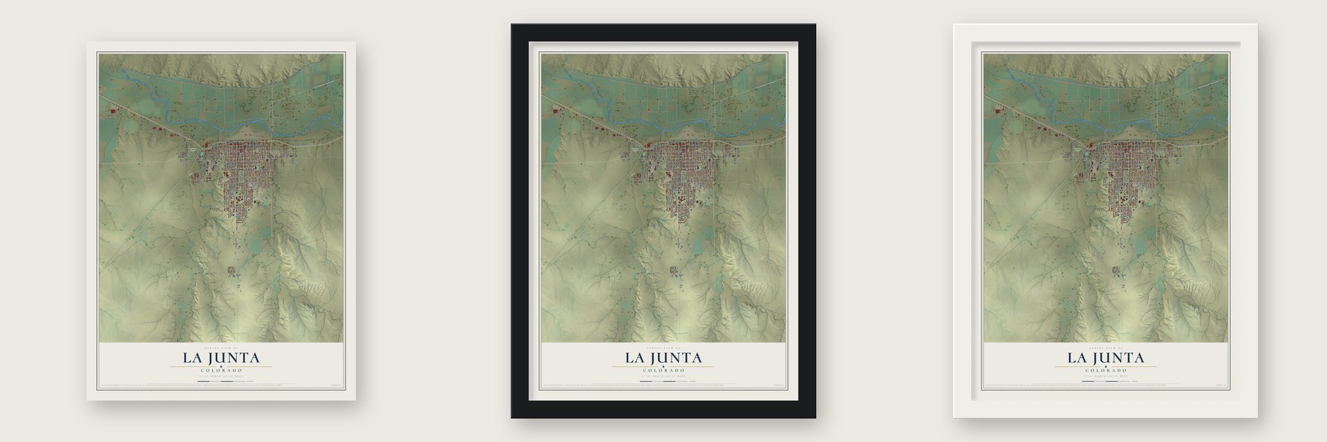 La Junta, Colorado map unframed, in a black wood frame and in a white wood frame