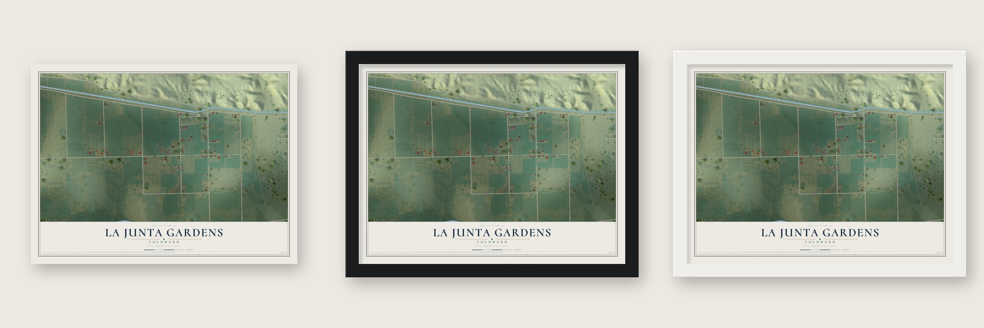 La Junta Gardens, Colorado map unframed, in a black wood frame and in a white wood frame