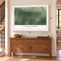 La Junta Gardens, Colorado map, 24 x 36 inch print in a white frame above a dresser by a staircase