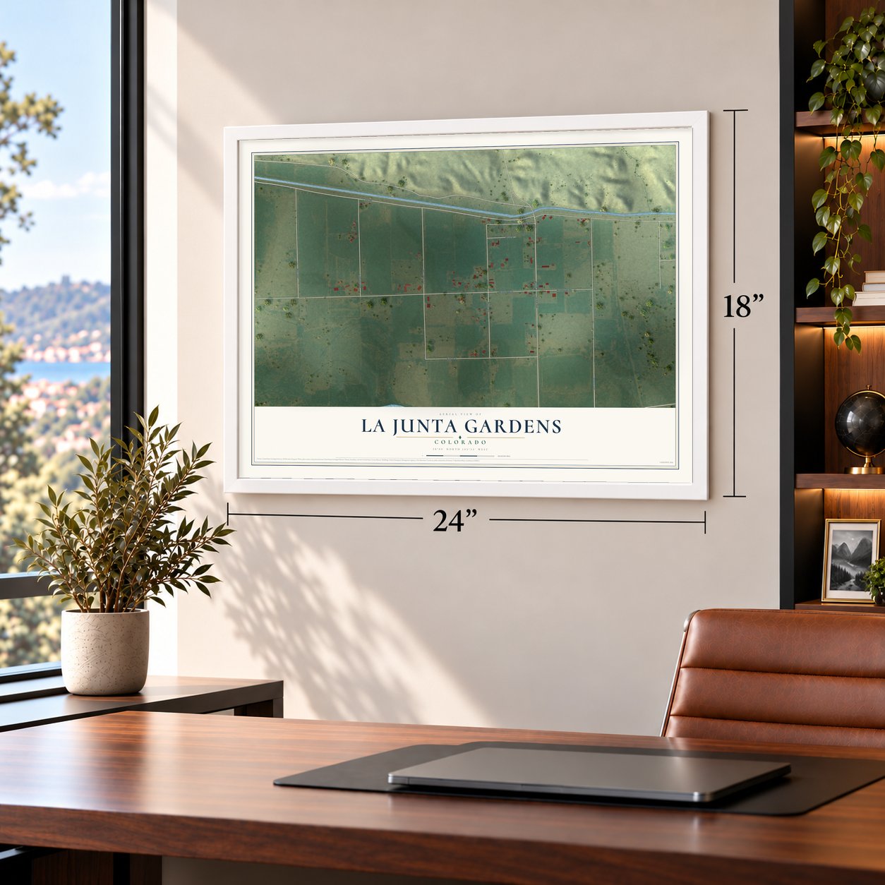 La Junta Gardens, Colorado map, 18 x 24 inch print in a white frame in a home office