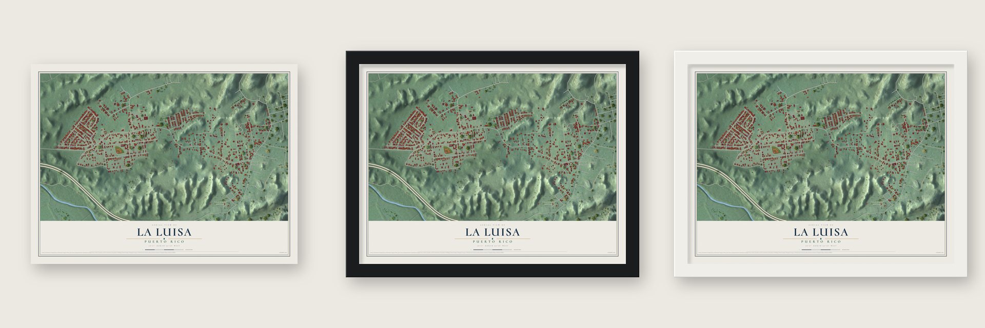 La Luisa, Puerto Rico map unframed, in a black wood frame and in a white wood frame