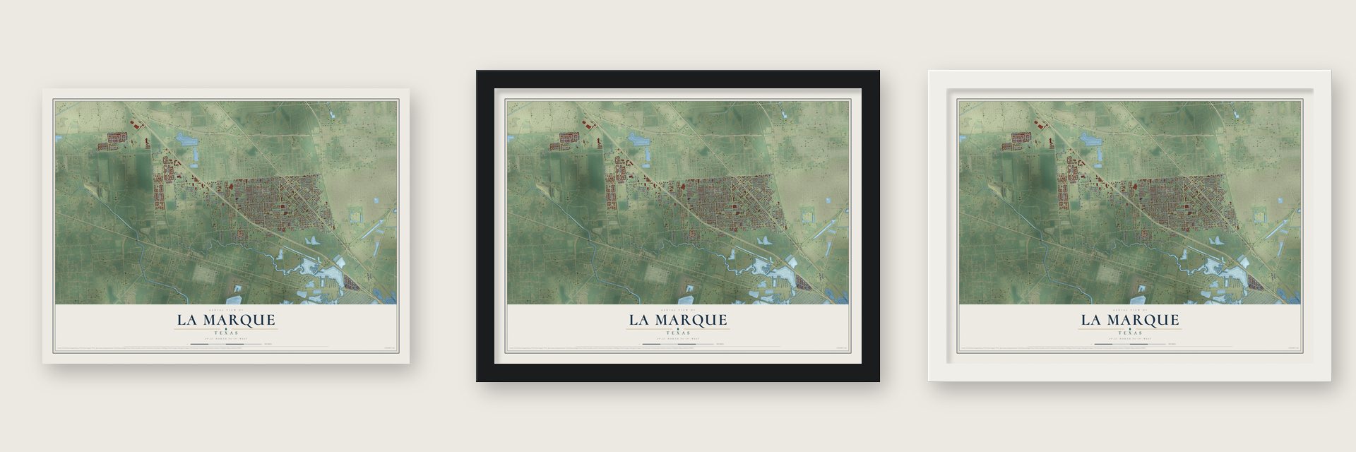 La Marque, Texas map unframed, in a black wood frame and in a white wood frame