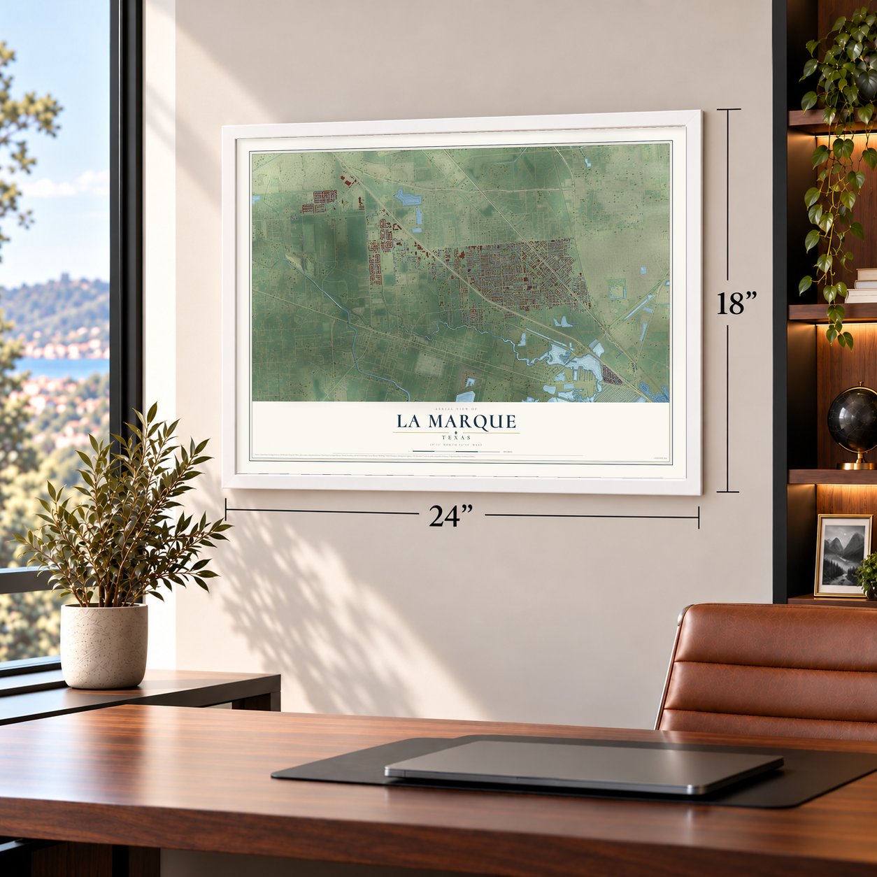 La Marque, Texas map, 18 x 24 inch print in a white frame in a home office