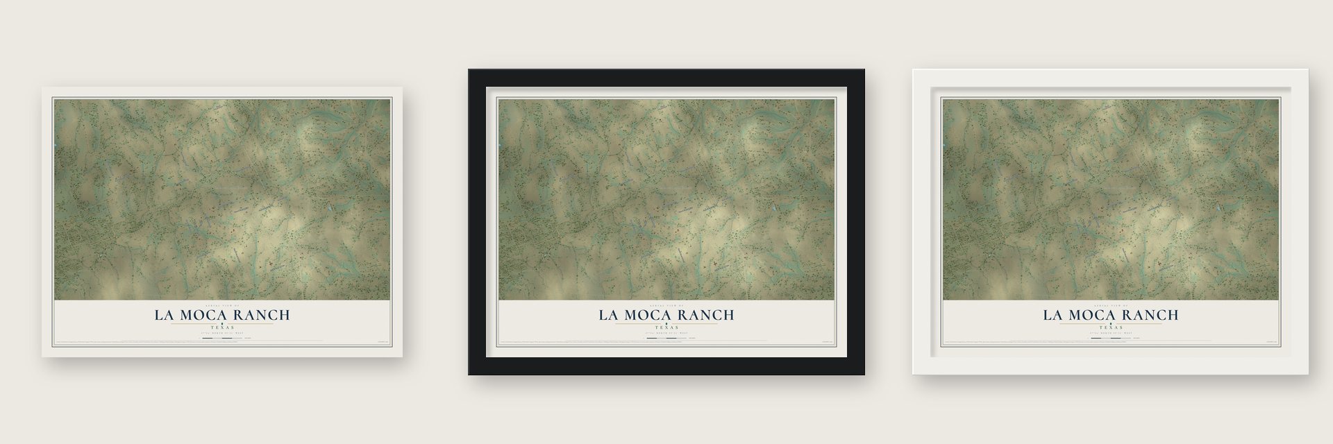La Moca Ranch, Texas map unframed, in a black wood frame and in a white wood frame