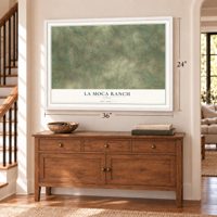 La Moca Ranch, Texas map, 24 x 36 inch print in a white frame above a dresser by a staircase