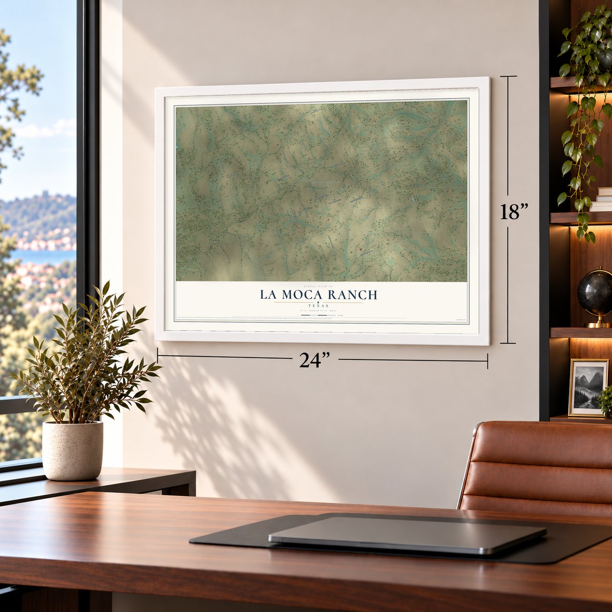 La Moca Ranch, Texas map, 18 x 24 inch print in a white frame in a home office
