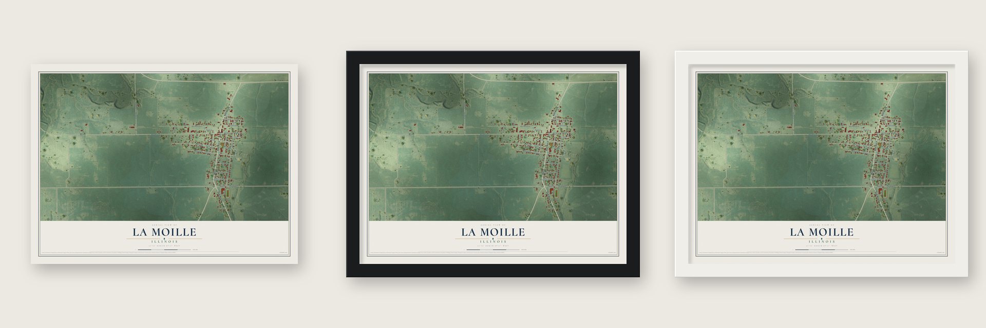 La Moille, Illinois map unframed, in a black wood frame and in a white wood frame