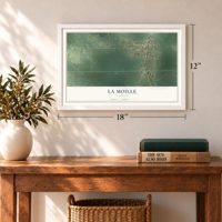 La Moille, Illinois map, 12 x 18 inch print in a white frame in an entryway