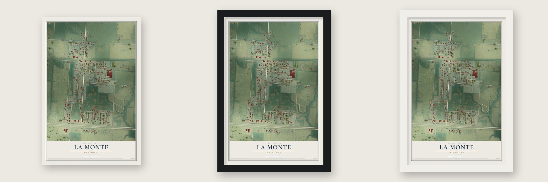 La Monte, Missouri map unframed, in a black wood frame and in a white wood frame