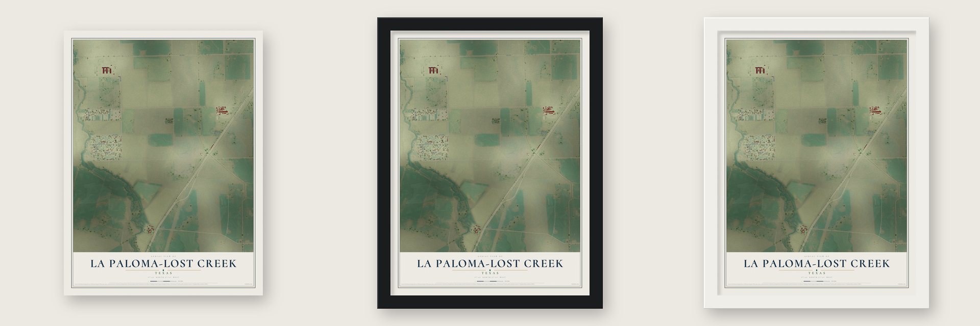 La Paloma-Lost Creek, Texas map unframed, in a black wood frame and in a white wood frame
