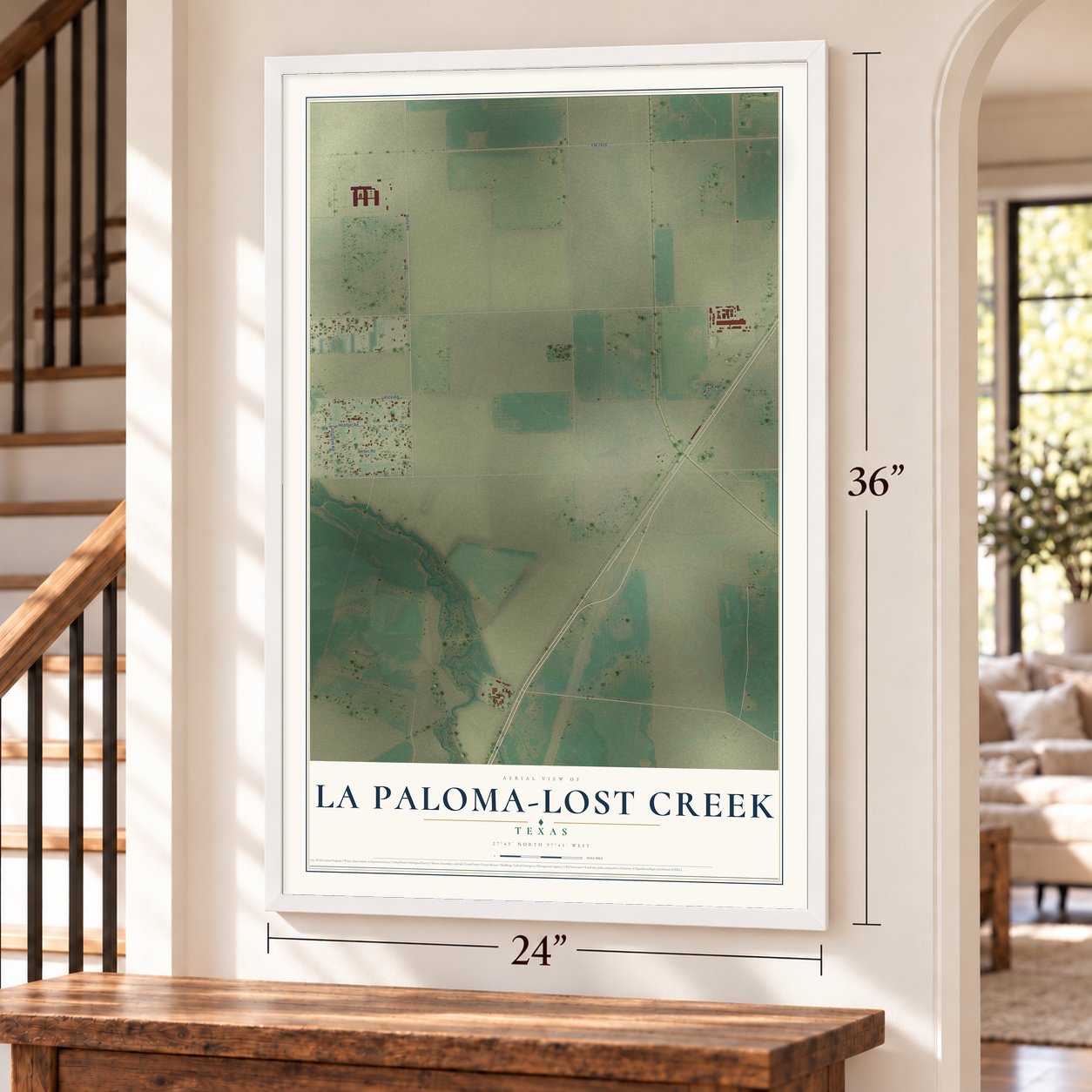 La Paloma-Lost Creek, Texas map, 24 x 36 inch print in a white frame by a staircase