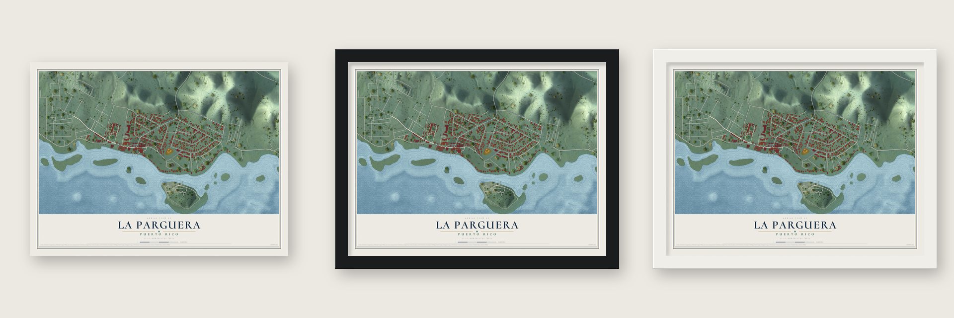 La Parguera, Puerto Rico map unframed, in a black wood frame and in a white wood frame