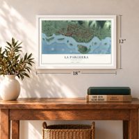 La Parguera, Puerto Rico map, 12 x 18 inch print in a white frame in an entryway