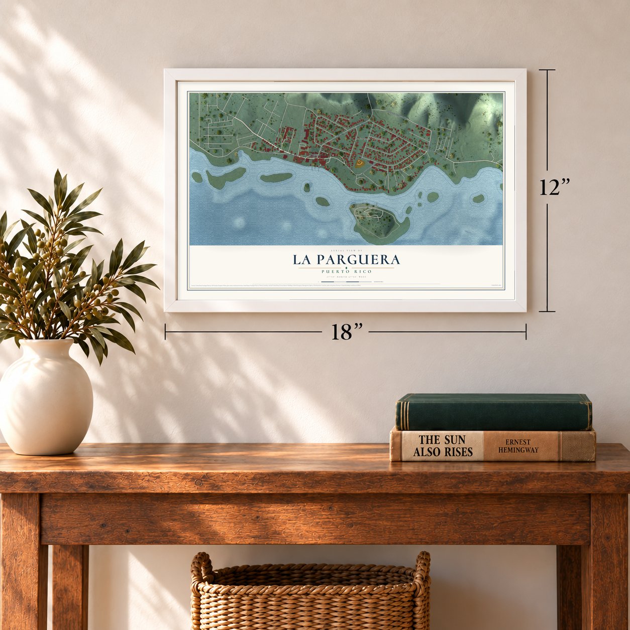 La Parguera, Puerto Rico map, 12 x 18 inch print in a white frame in an entryway