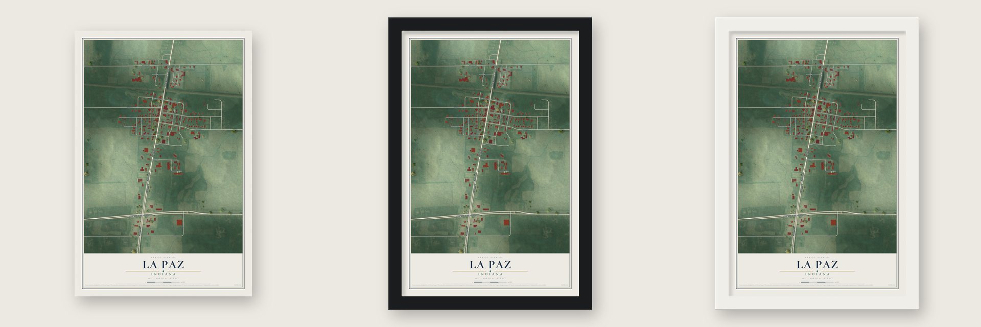 La Paz, Indiana map unframed, in a black wood frame and in a white wood frame