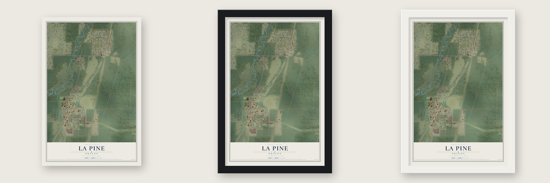 La Pine, Oregon map unframed, in a black wood frame and in a white wood frame