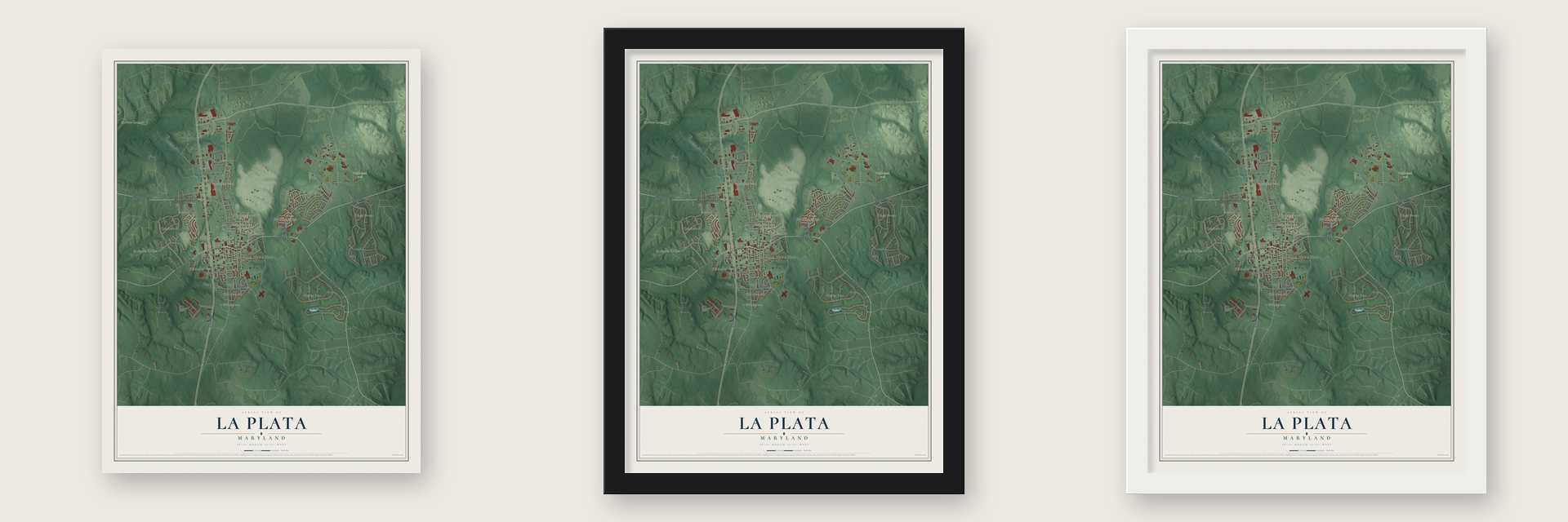 La Plata, Maryland map unframed, in a black wood frame and in a white wood frame