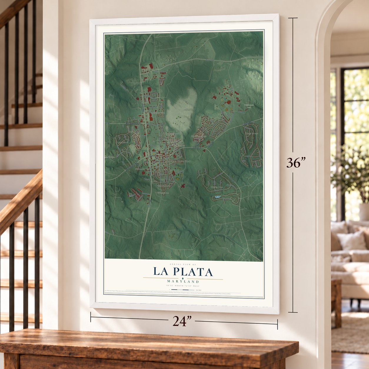 La Plata, Maryland map, 24 x 36 inch print in a white frame by a staircase