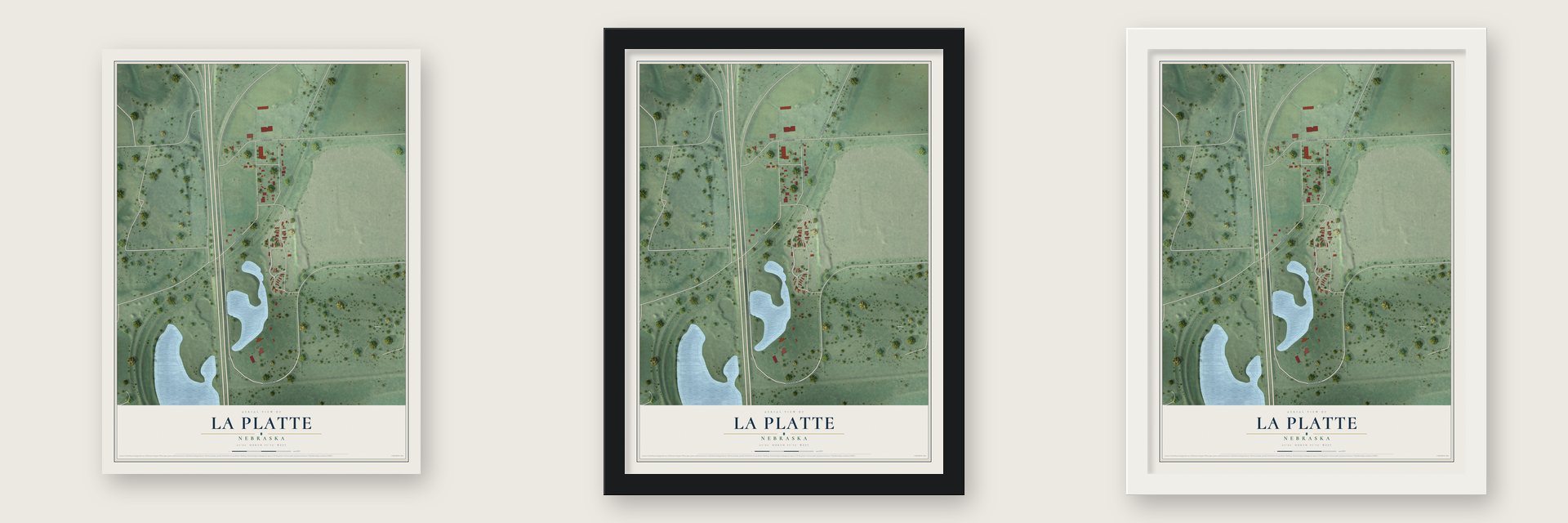 La Platte, Nebraska map unframed, in a black wood frame and in a white wood frame