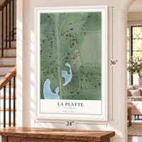 La Platte, Nebraska map, 24 x 36 inch print in a white frame by a staircase