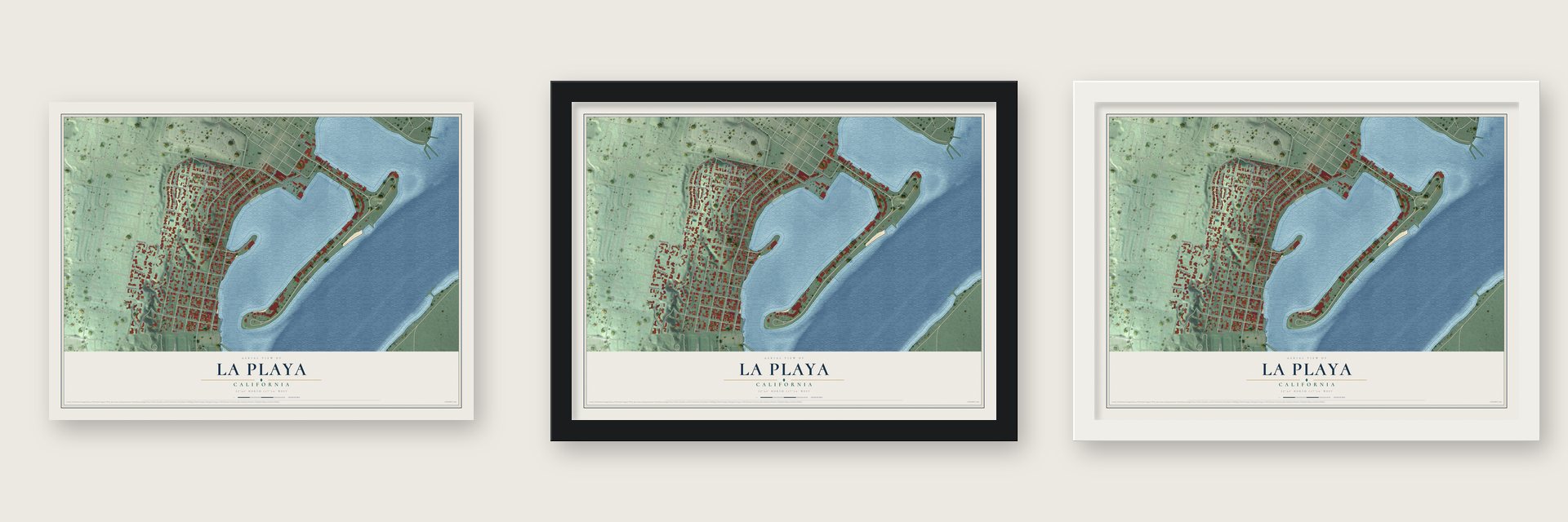 La Playa, California map unframed, in a black wood frame and in a white wood frame