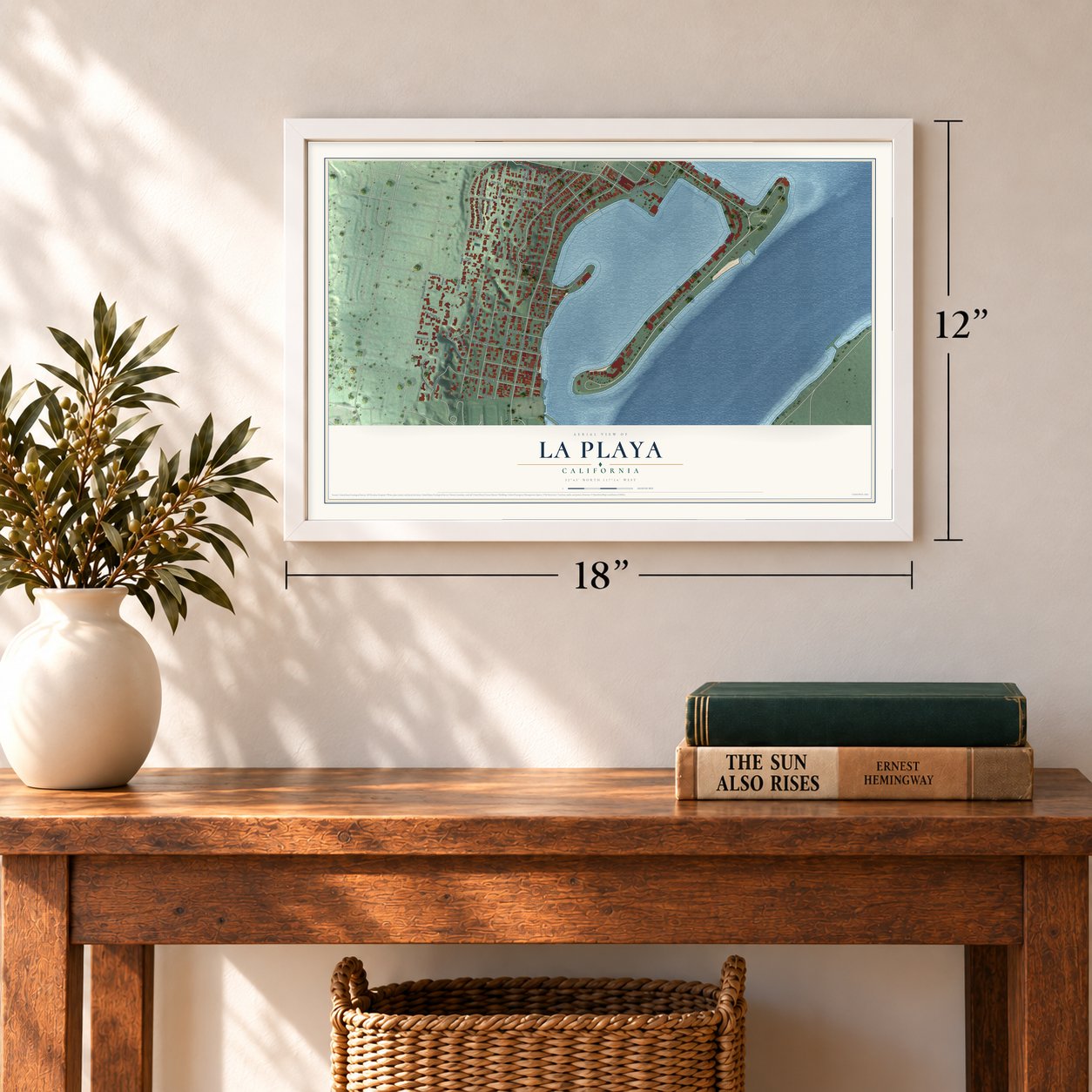 La Playa, California map, 12 x 18 inch print in a white frame in an entryway