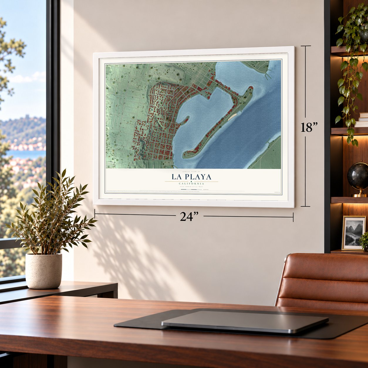La Playa, California map, 18 x 24 inch print in a white frame in a home office