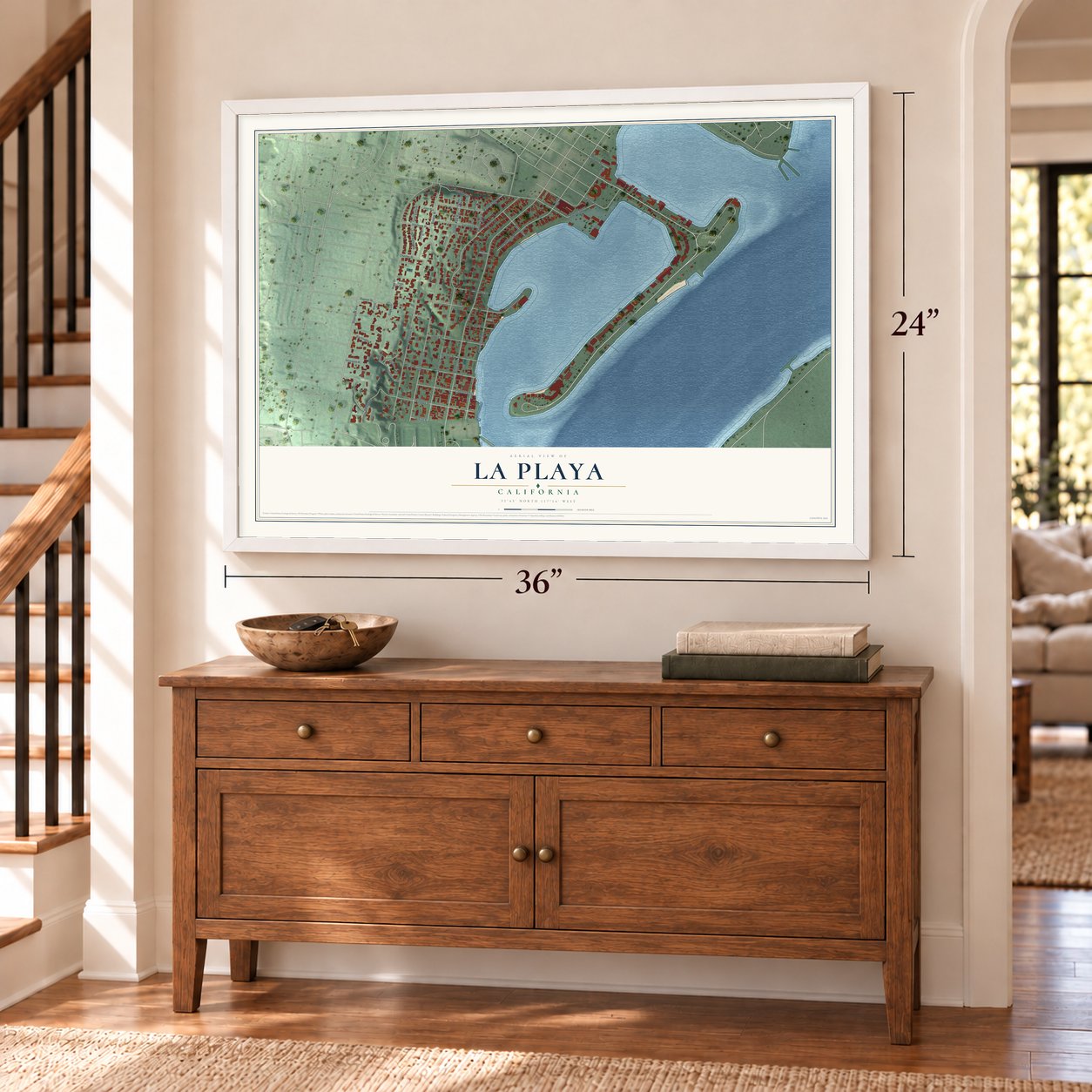 La Playa, California map, 24 x 36 inch print in a white frame above a dresser by a staircase