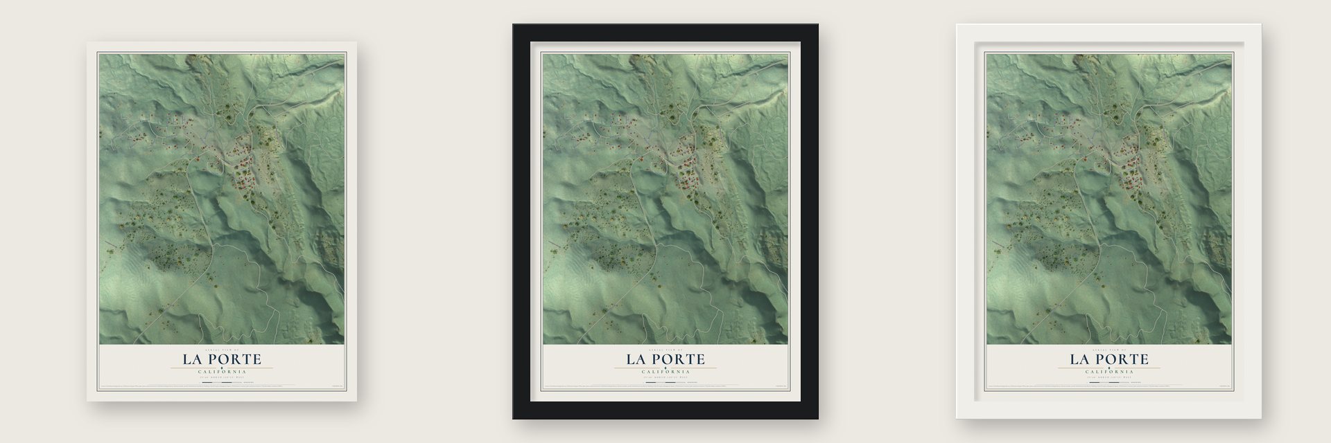 La Porte, California map unframed, in a black wood frame and in a white wood frame