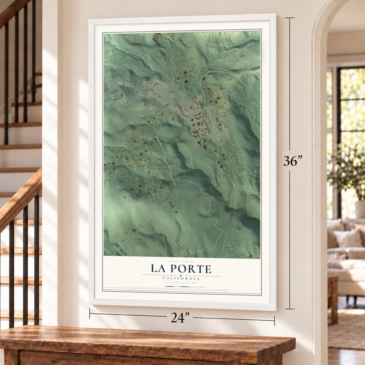 La Porte, California map, 24 x 36 inch print in a white frame by a staircase