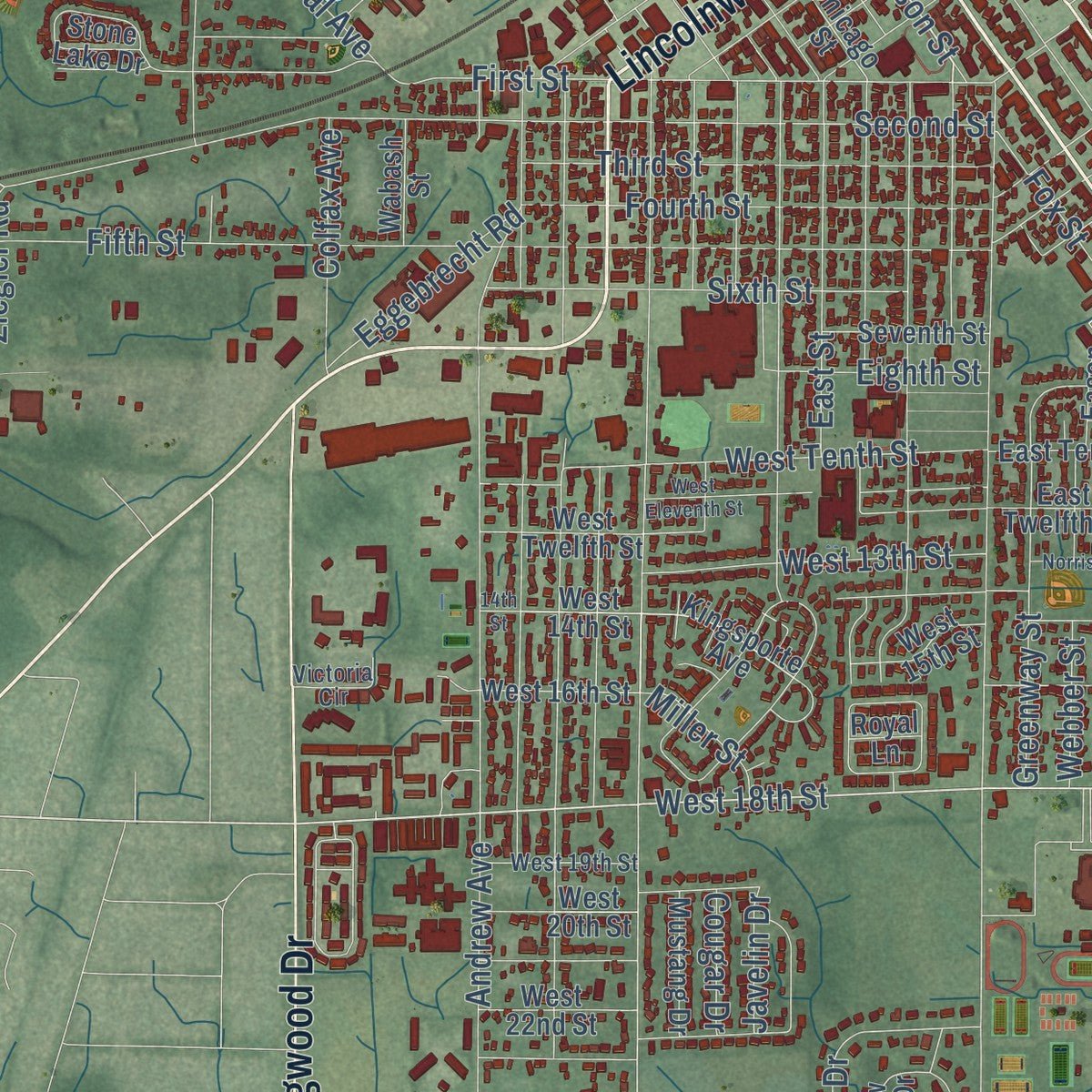 Second close-up of the map of La Porte, Indiana print showing more streets and buildings