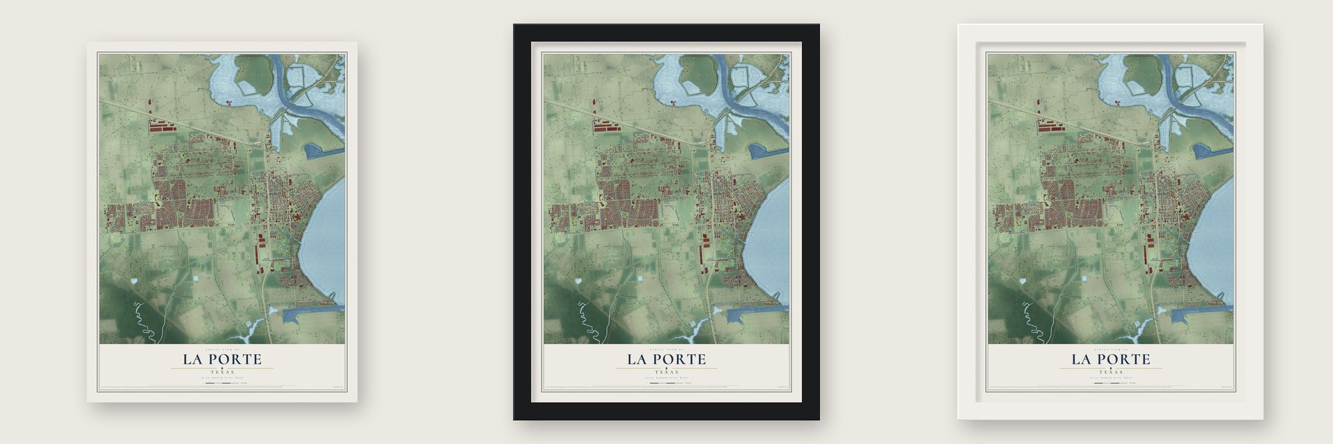 La Porte, Texas map unframed, in a black wood frame and in a white wood frame