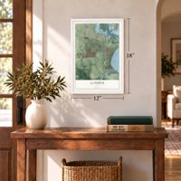 La Porte, Texas map, 12 x 18 inch print in a white frame in an entryway