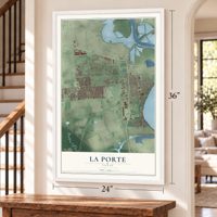 La Porte, Texas map, 24 x 36 inch print in a white frame by a staircase