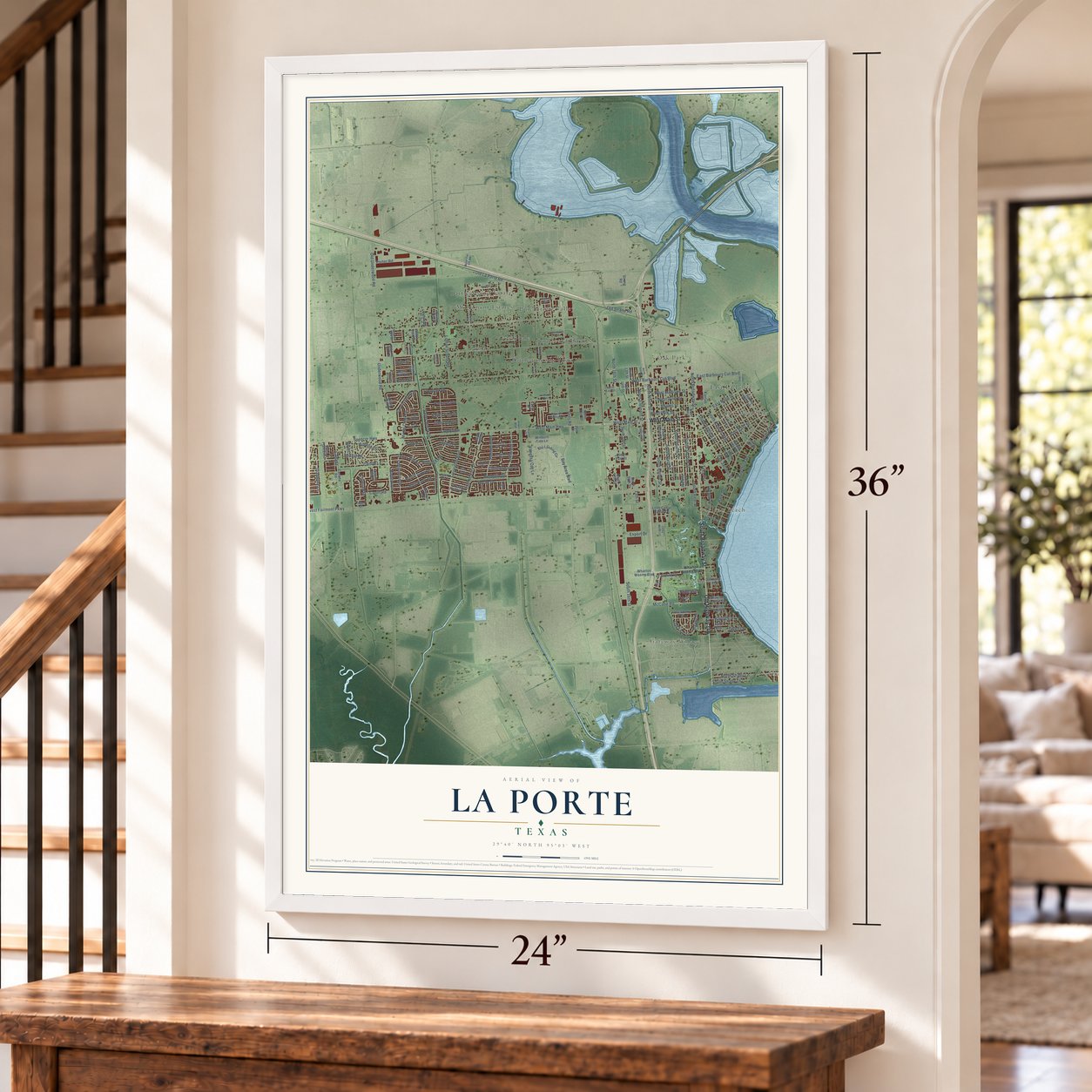 La Porte, Texas map, 24 x 36 inch print in a white frame by a staircase