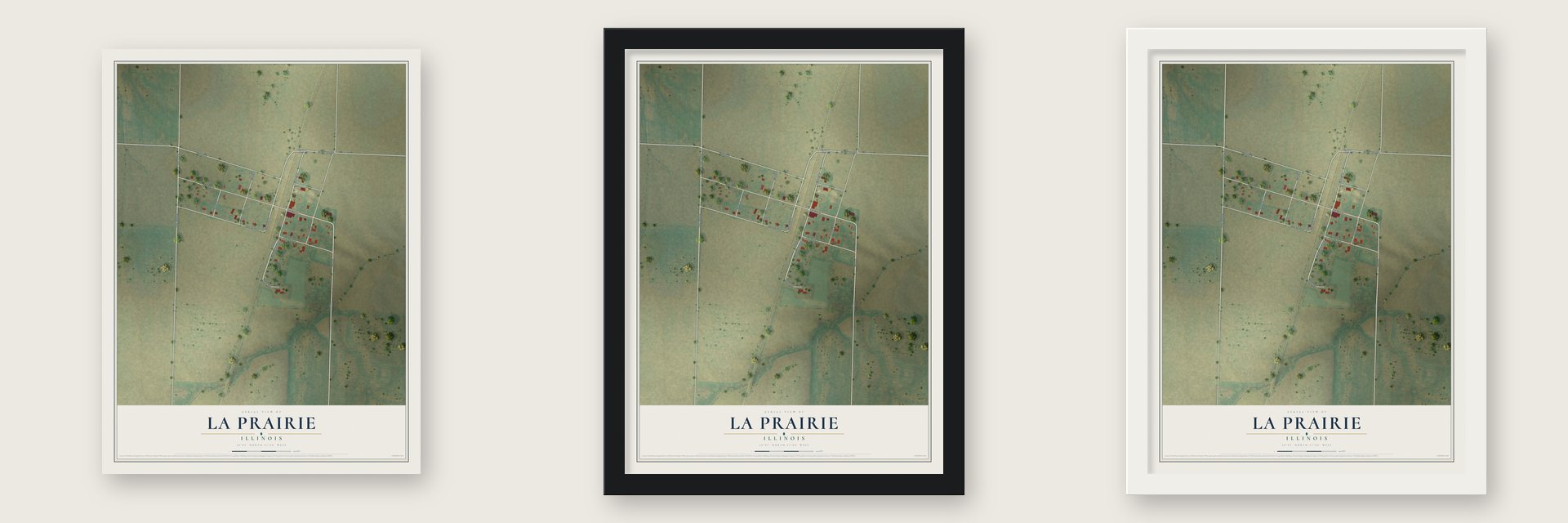 La Prairie, Illinois map unframed, in a black wood frame and in a white wood frame