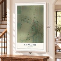 La Prairie, Illinois map, 24 x 36 inch print in a white frame by a staircase
