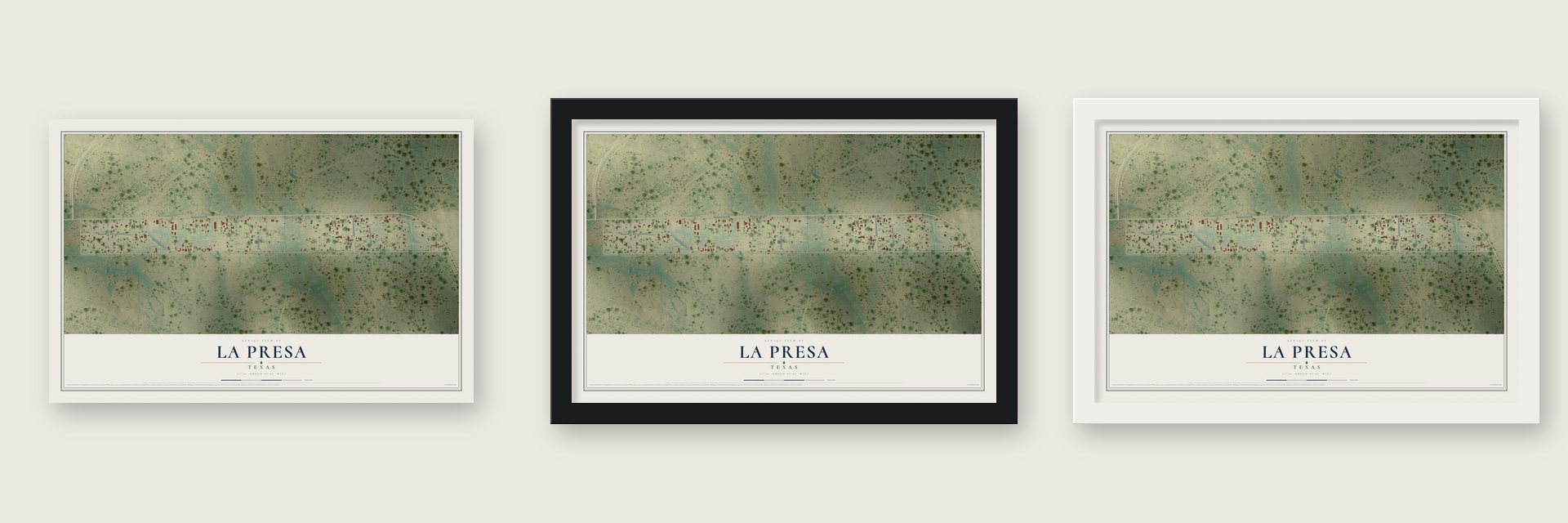 La Presa, Texas map unframed, in a black wood frame and in a white wood frame