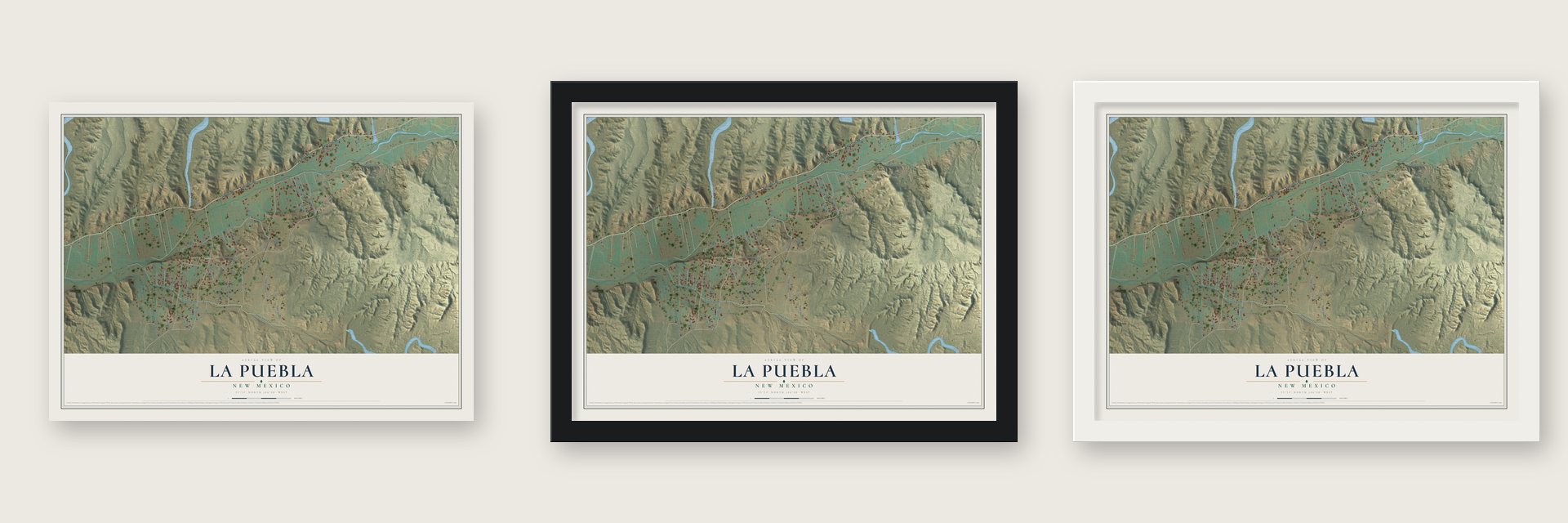 La Puebla, New Mexico map unframed, in a black wood frame and in a white wood frame