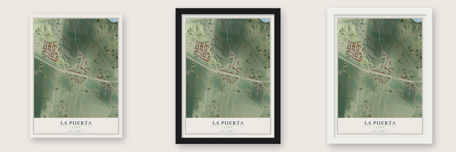 La Puerta, Texas map unframed, in a black wood frame and in a white wood frame