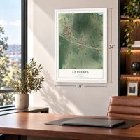 La Puerta, Texas map, 18 x 24 inch print in a white frame in a home office